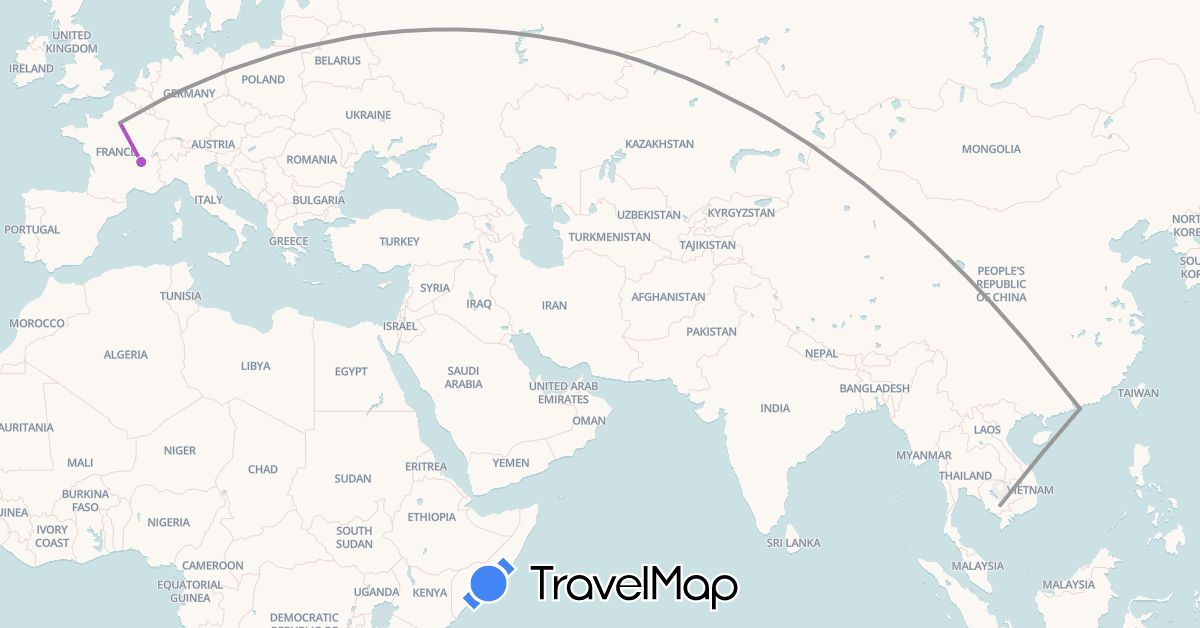 TravelMap itinerary: driving, plane, train in France, Hong Kong, Cambodia (Asia, Europe)